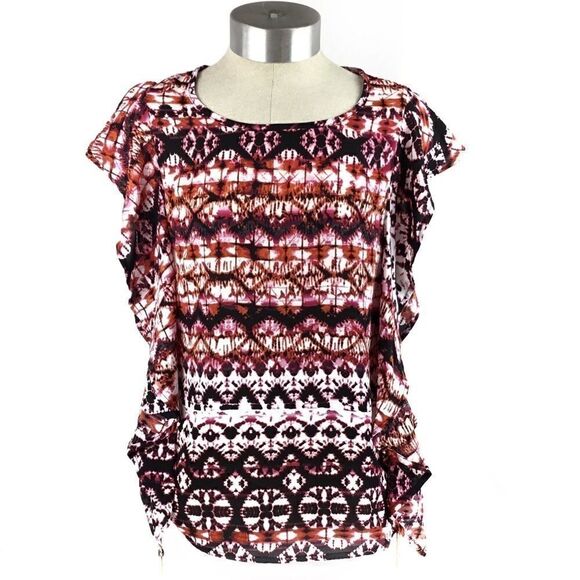 STATUS Blouse Top Black White Pink Orange Print, Small New without tags - Picture 1 of 7